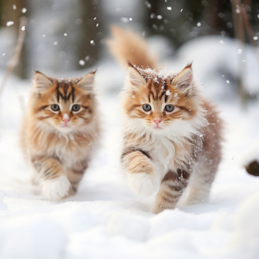 Norwegian forest cat kittens playing in the snow