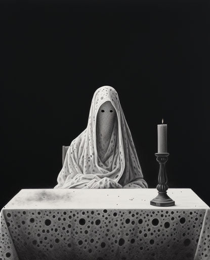 Ghost in black and white drawing on top of book, pointillist style