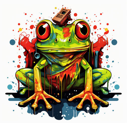 A green and red frog with a colorful beak, surreal symbolic style