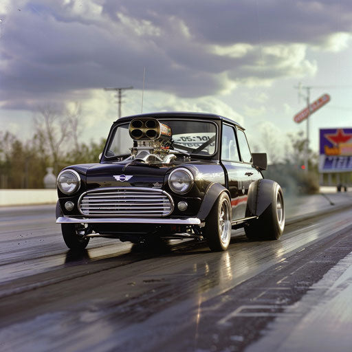 Drag racer 1980 Mini Cooper with huge blower ready for classic American drag strip race