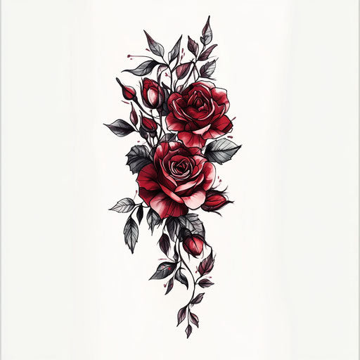 Beautiful flat tattoo sketch of roses and thorn vine in deep red and green on white background