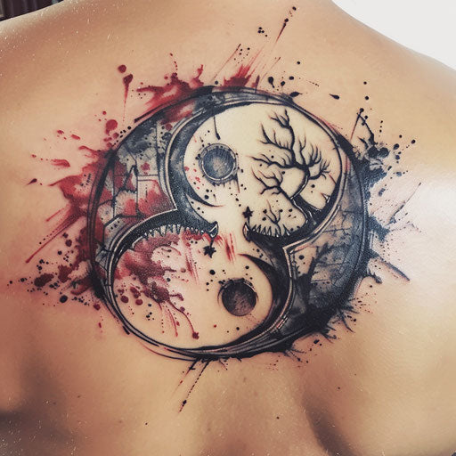 Horror-themed yin and yang tattoo, dark fantasy touch