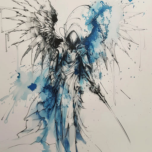 Ethereal tattoo sketch of the angel of death with subtle watercolor splashes, in sky blue and white