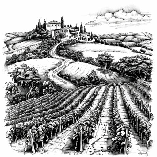 Black and white ink tattoo of an Italian vineyard landscape