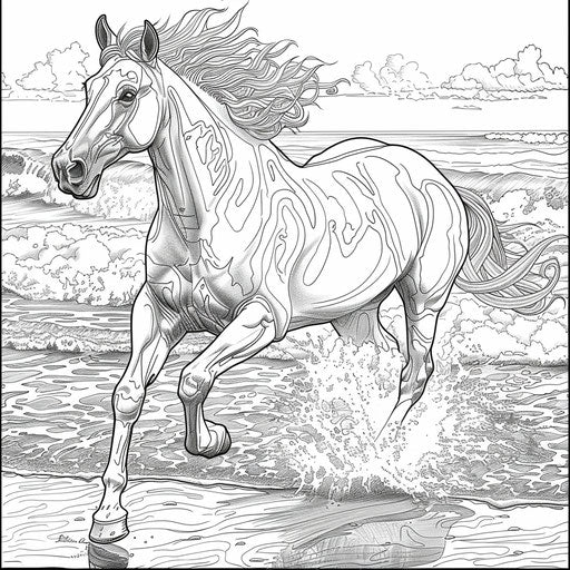 Horse galloping along the beach with crashing waves