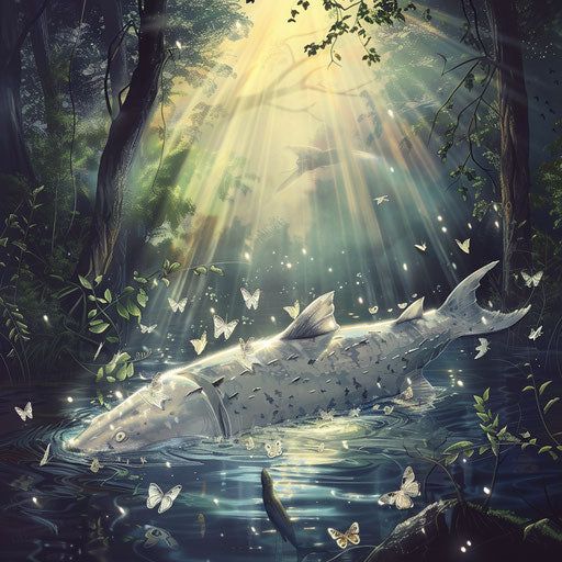 White sturgeon sunbathing near surface of forest river with butterflies fluttering