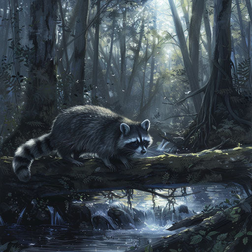 A raccoon using a fallen log as a bridge over a babbling brook in a tranquil forest