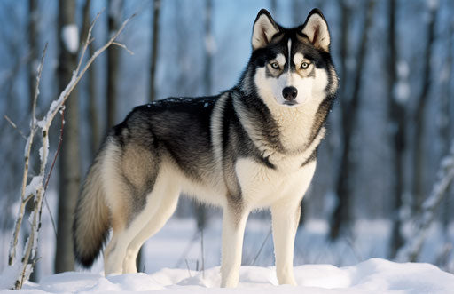 Blue husky dog in snow, dark maroon and light beige style
