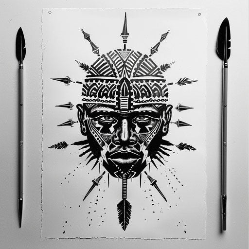 Black ink drawing of an African warrior shield and spears
