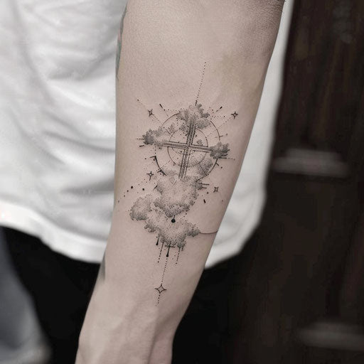 Soft and subtle cross with gentle clouds and stars