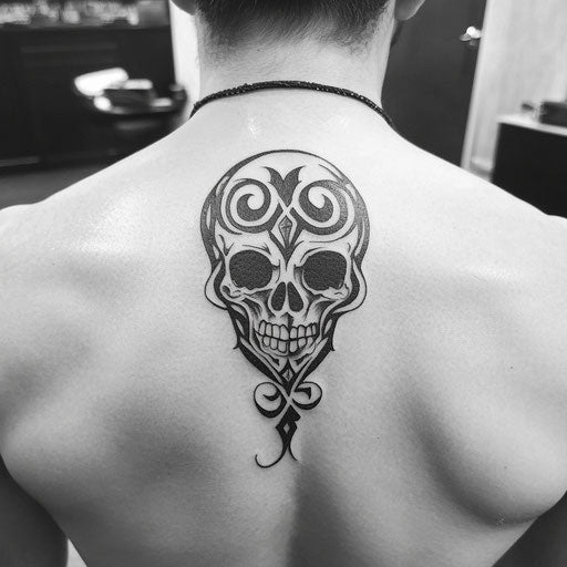Skull tattoos for men with intertwined tribal patterns