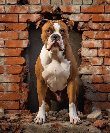 American dog on brick wall, dark orange and light maroon, bold energet