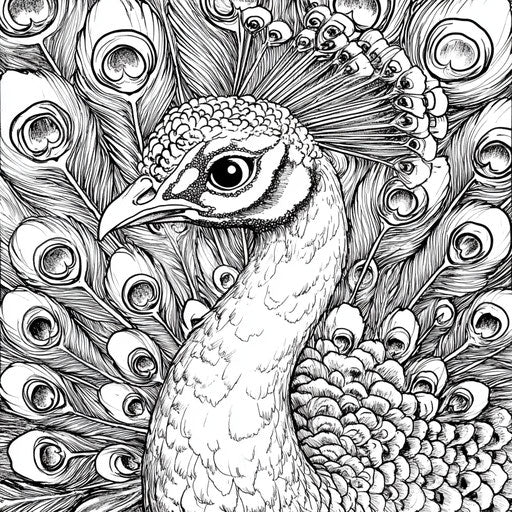 Detailed peacock portrait in the style of Stephen Wiltshire,Coloring book page