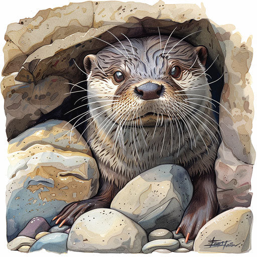 A curious otter peeking from behind river stones