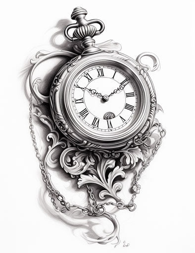 Pocket watch tattoo, grisaille style, storybook illustration, blink-and-you-miss-it detail, italianate flair, adox silvermax, tumblewave, symbolic props 43:56