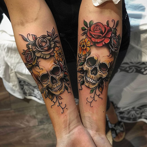 Sibling tattoos Ed Hardy style with roses and skulls