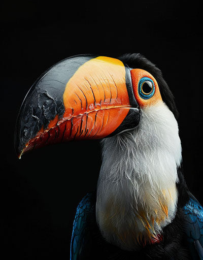 Toucan bird head portrait, looking at camera, black background, hyper realistic photography