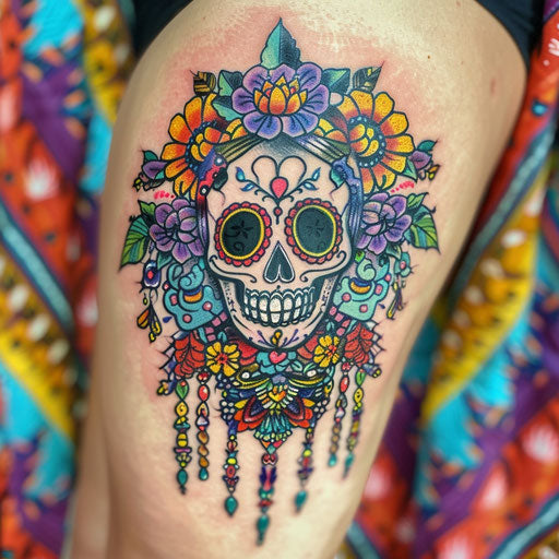 Vibrant flat tattoo sketch of a Calavera with colorful papel picado