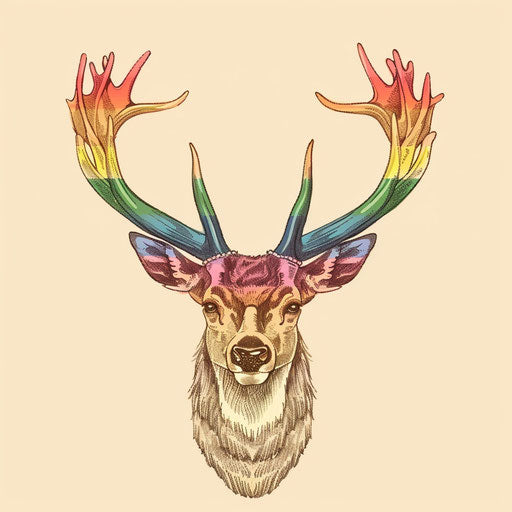 Elegant deer with antlers decorated in pride flag colors, flat tattoo sketch