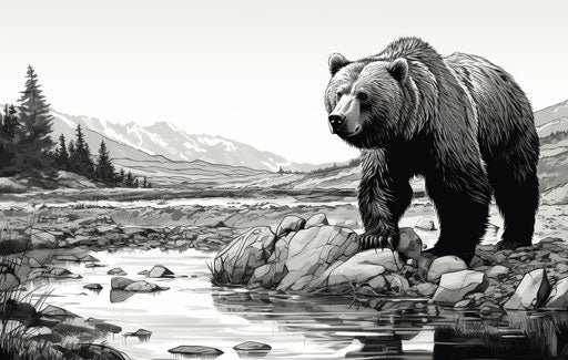 Brown bear standing in a creek in black and white