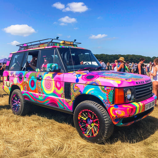 Psychedelic colorful car surrounded by crowd at music festival