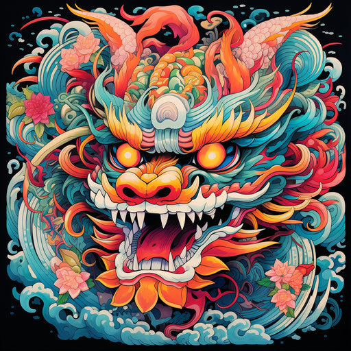 The Asian dragon with colorful tattoo, holotone style