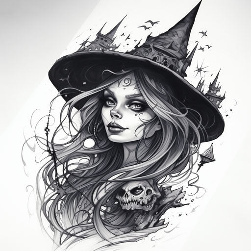 Witch tattoo ideas and designs in art, expressive line drawings