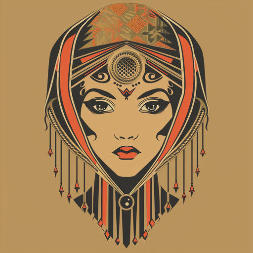 Retro clipart style flat tattoo sketch of a 1920s flapper hood with geometric art deco designs