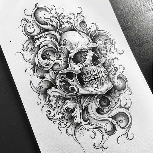 Detailed flame and skull tattoo design in black and white
