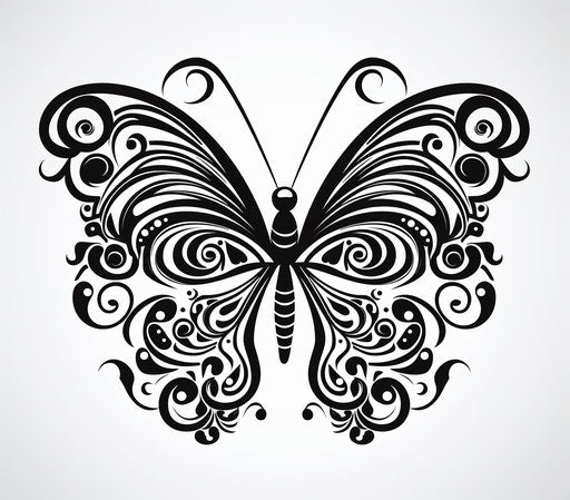 Black and white butterfly ornament with spirals and curves