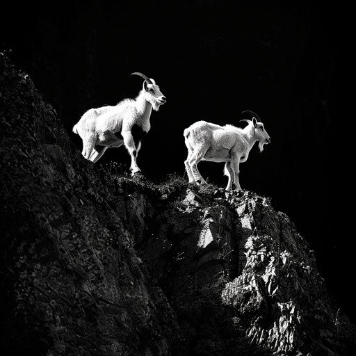 Mountain goats in black and white, high contrast