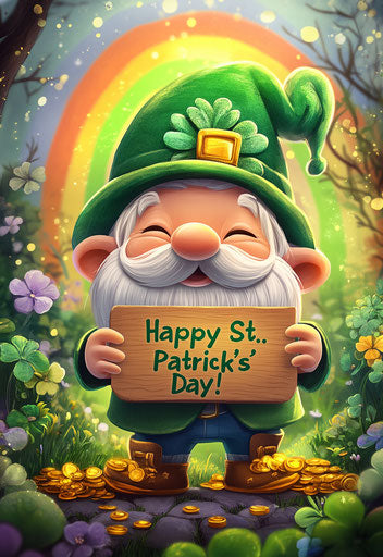 Happy St. Patrick's Day with a gnome and a rainbow