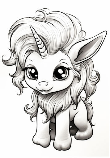 Cute unicorn coloring page, photo style, shiny eyes