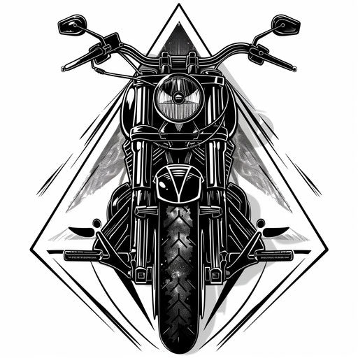 Blackwork motorcycle tattoo design with geometric elements and dark shading