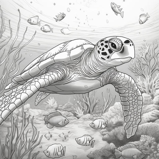 A sea turtle swimming in the ocean, coloring page
