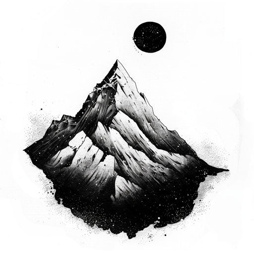 Monochrome flat tattoo sketch of a mountain peak under a clear sky