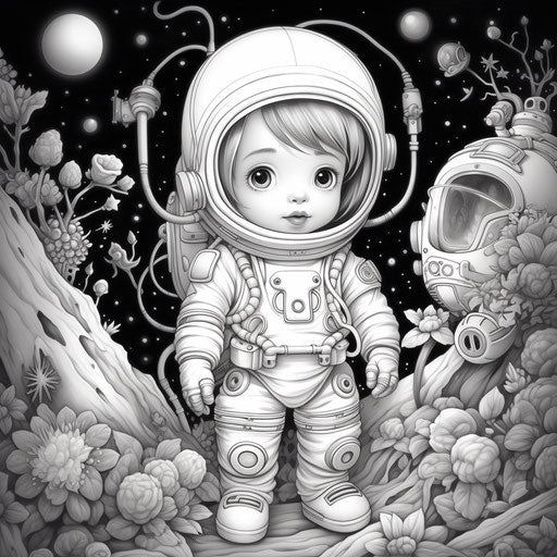 Realistic baby astronaut coloring book in monochrome