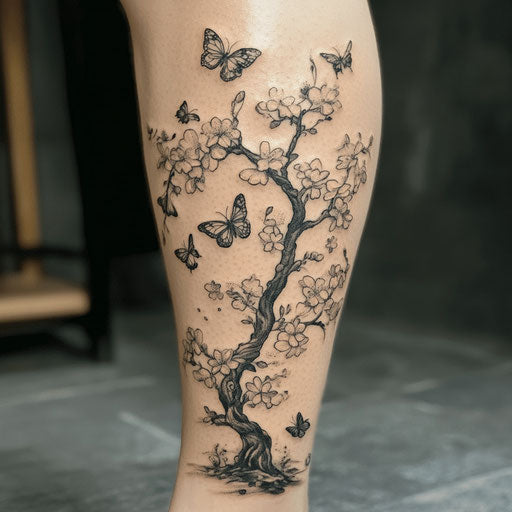 Cherry blossom tree tattoo in Merian style with butterflies and bees on leg