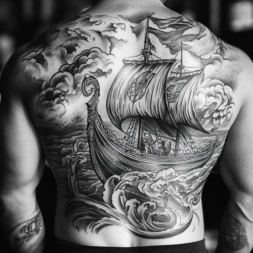 Viking tattoos for men: a longship in stormy seas