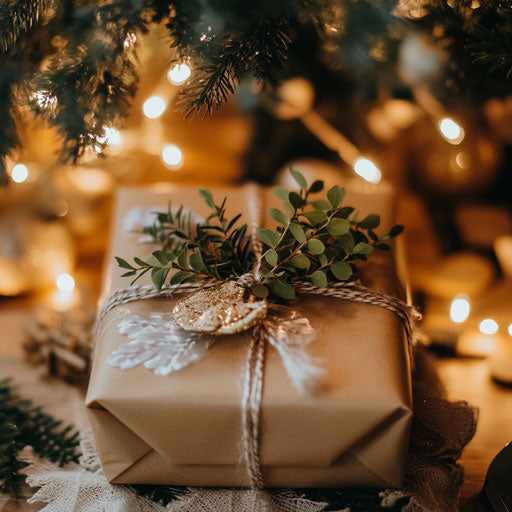 Wrapped gift with mistletoe under twinkling tree