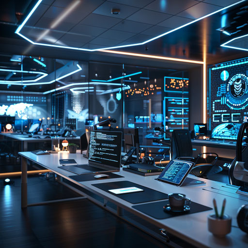 Innovative tech office with developers coding and futuristic gadgets