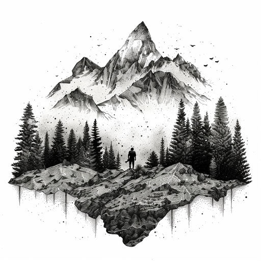 Hidden hunter in rugged landscape in dotwork tattoo style