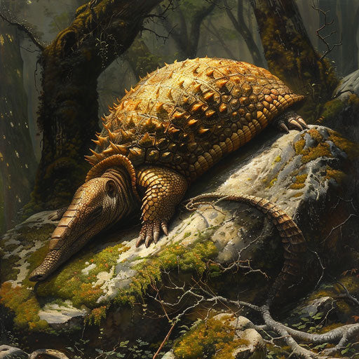 An armadillo sunbathing on a large moss-covered rock