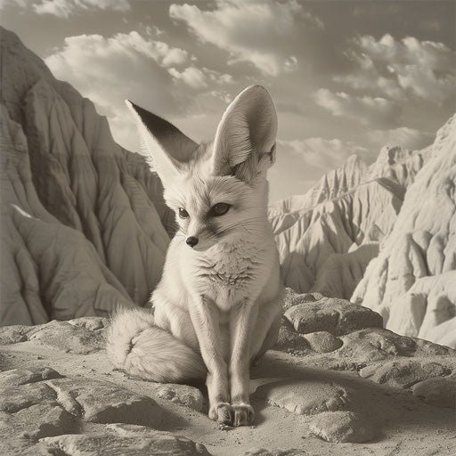 Fennec fox in a poetic black and white desert scene