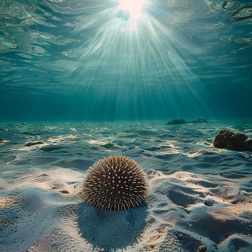 Sea urchin on sandy bottom with clear water and sunlight