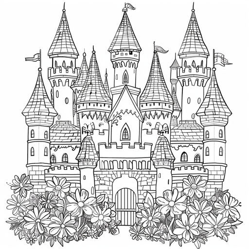 Fairy-tale castle surrounded by enchanted flowers