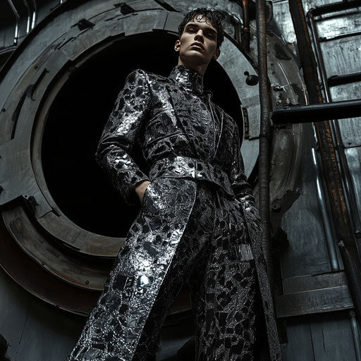 Bold model in avant-garde fashion in futuristic industrial space