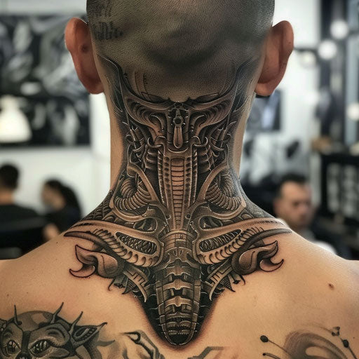Biomechanical neck tattoo Guy Aitchison style