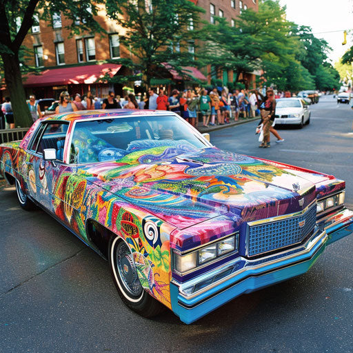 An 83 Cadillac transformed into an art car, covered in colorful murals and sculptures, participating in a parade