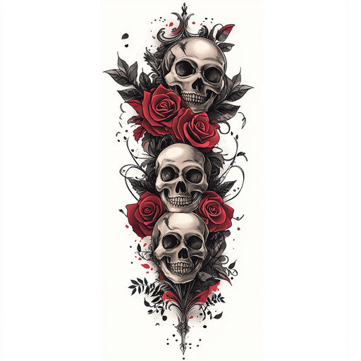 Dark gothic arm tattoo sketch with skulls and roses